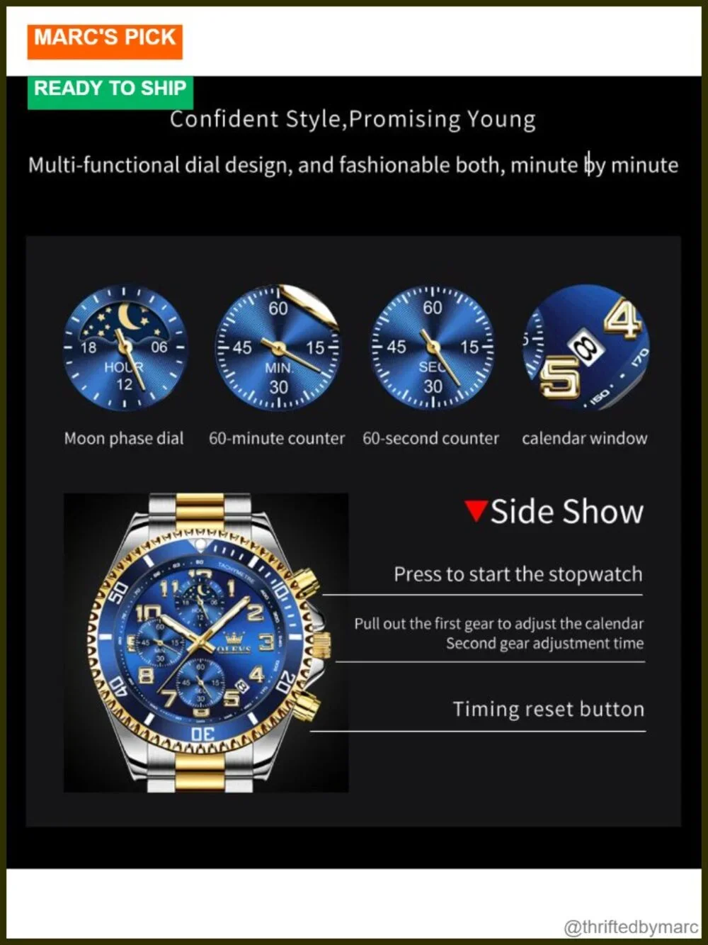 Chronograph Dress Watch Stainless Steel Luminous Moon Phase Business Calendar
